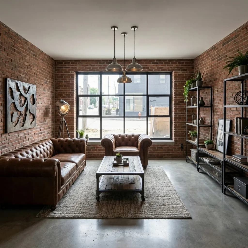Same room rendered in industrial style — exposed brick and steel finishes investors favor
