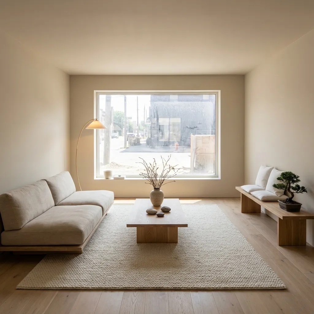 Same room rendered in minimalist style — clean lines that photograph well for listings